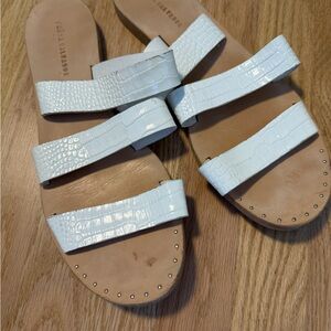 Freda Salvador White Croc-Embossed Three-Strap Slide Sandals